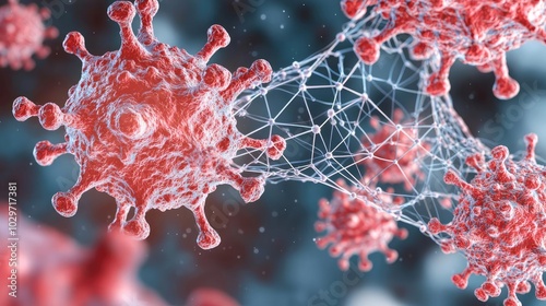 Microscopic view of virus cells in vivid detail, showcasing intricate structures.