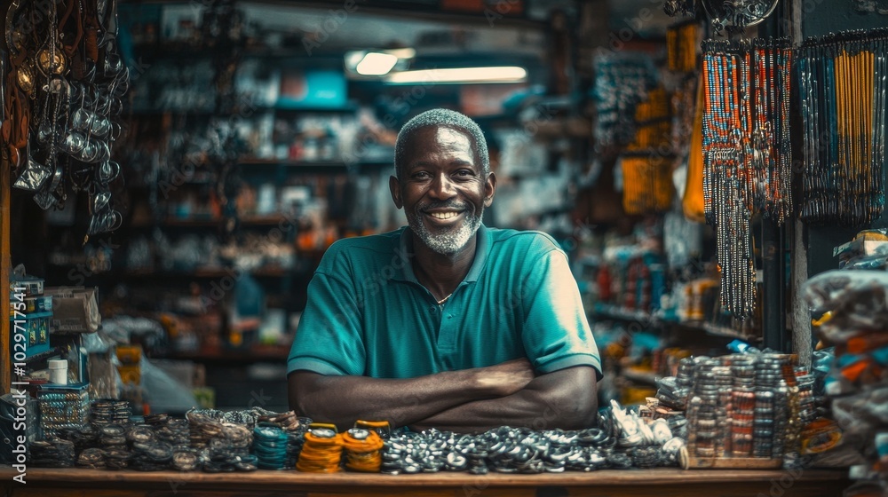 A friendly African shopkeeper stands proudly behind his counter, showcasing the colorful wares of his bustling market. He exudes warmth and invites customers to browse his diverse selection of goods. A friendly African shopkeeper stands proudly behind his counter, showcasing the colorful wares of his bustling market. He exudes warmth and invites customers to browse his diverse selection of goods.