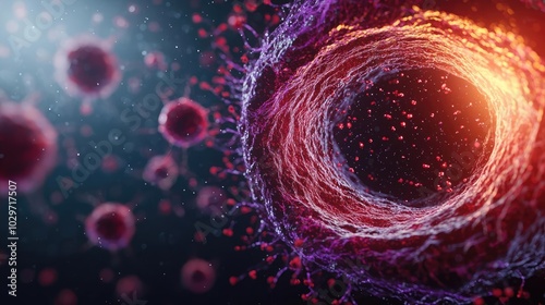 Abstract representation of a cell, vibrant colors, dark background.