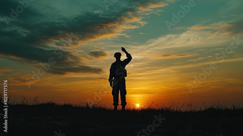 Soldier salute. Silhouette on sunset sky. War, army, military, guard concept