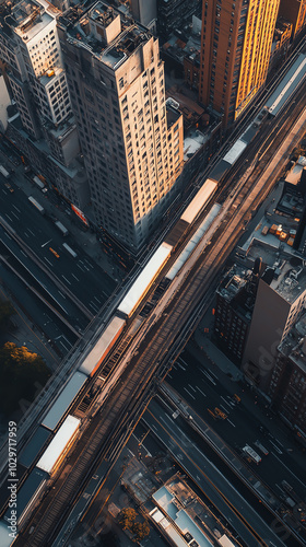 A side view of a freight train crossing a city, moving alongside roads and buildings while carrying cargo