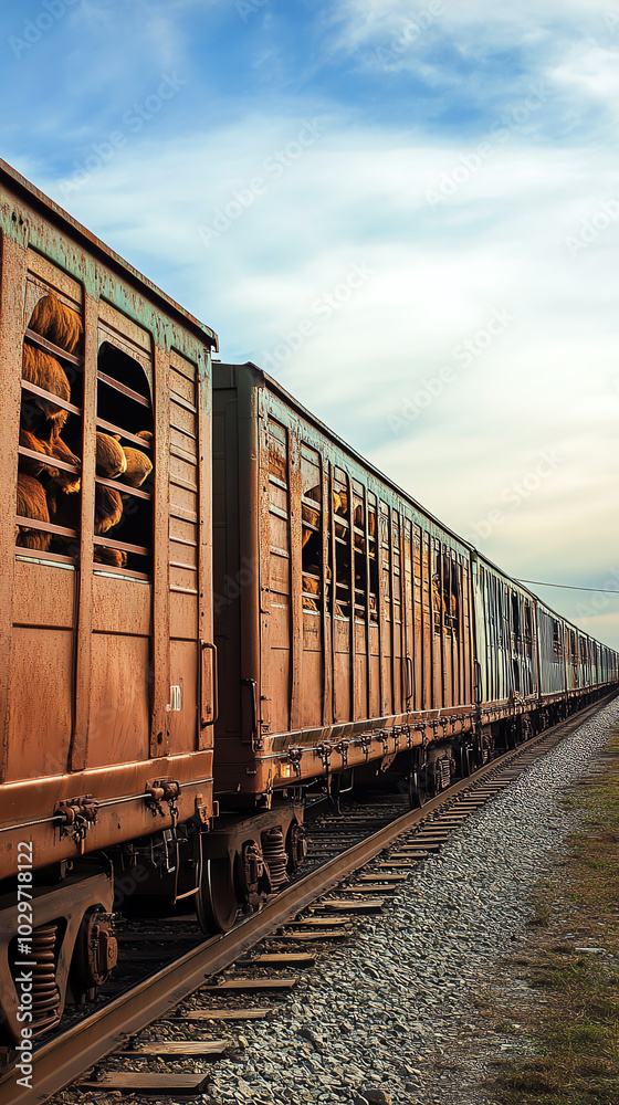 Fototapeta premium A side view of a livestock transport train, with animals being transported in specialized rail cars