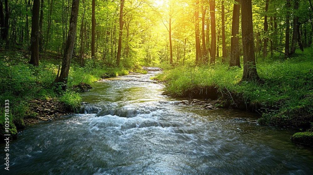 Obraz premium Serene Stream Flowing Through Lush Green Forest