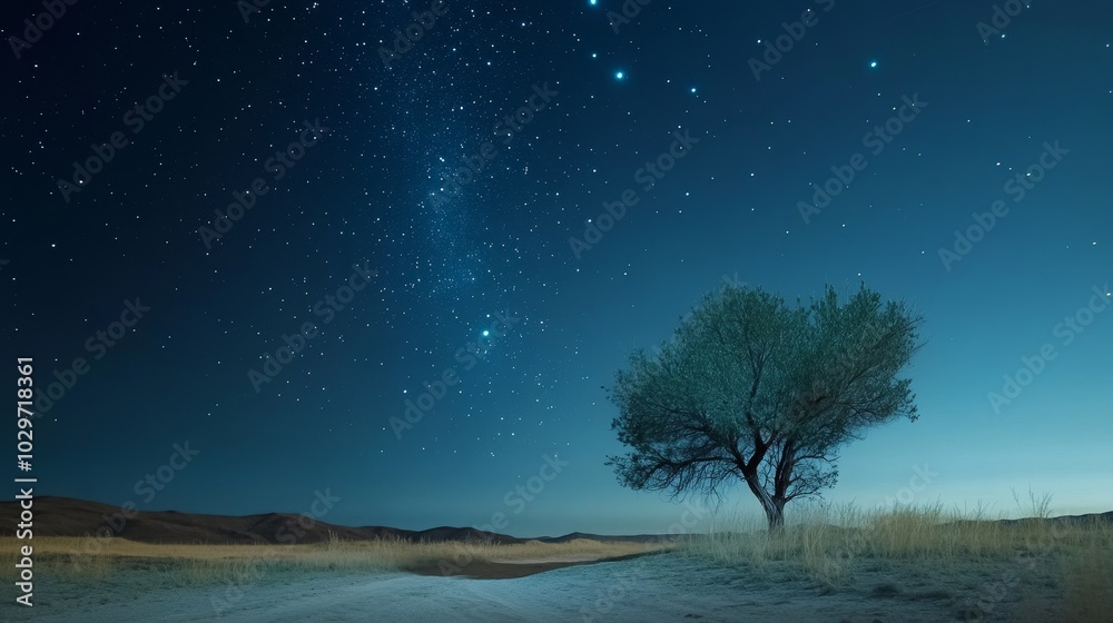 A mesmerizing view of a starry night sky over a solitary tree in a remote location, symbolizing tranquility, isolation, wonder, nature's beauty, and the vastness of the universe. A mesmerizing view of a starry night sky over a solitary tree in a remote location, symbolizing tranquility, isolation, wonder, nature's beauty, and the vastness of the universe.