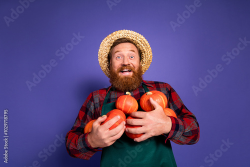 Photo of funny cheerful joyful man farmer wear checkered shirt hold harvest many ripe gourds isolated on purple color background