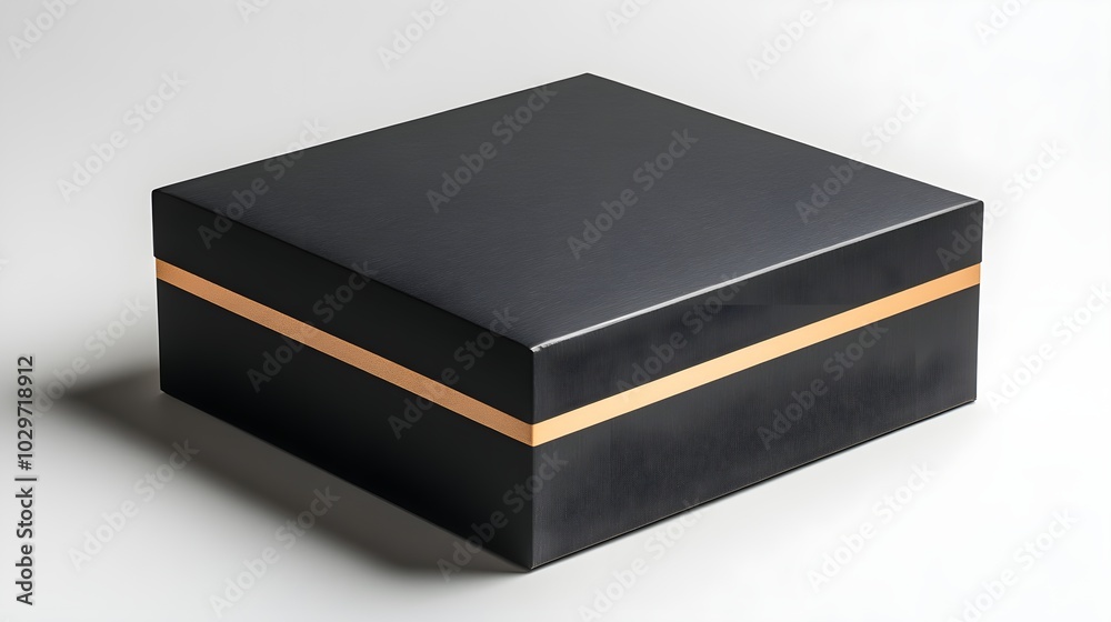 Upscale meal delivery package, luxurious black box with gold foil typography, fine dining room ambiance, stylish presentation, dark aesthetic, isolated on white background
