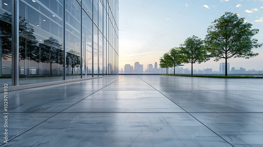Fototapeta premium Empty marble floor and modern office building in the background