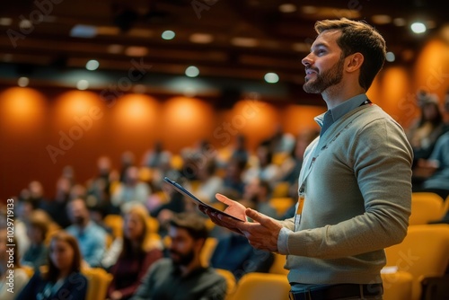 Entrepreneur presenting at a startup pitch event in co-working space auditorium, audience watching intently pitch, innovation