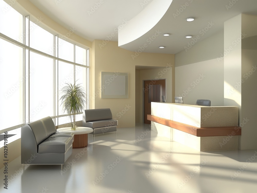 2408 70.A modern clinic lobby with a sleek design, featuring a minimalist reception desk and comfortable seating in a well-organized layout. The walls are painted in light, soothing colors, and the 2408 70.A modern clinic lobby with a sleek design, featuring a minimalist reception desk and comfortable seating in a well-organized layout. The walls are painted in light, soothing colors, and the