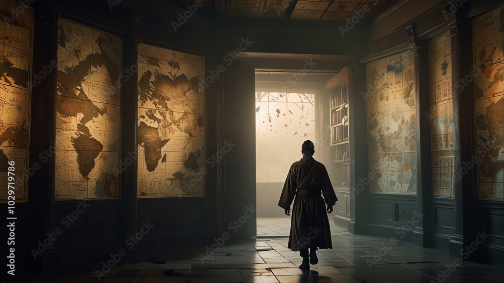a man walks in a hallway with a map of the world on the wall. a man walks in a hallway with a map of the world on the wall.