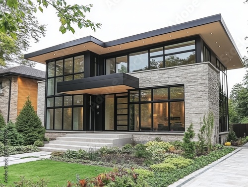 2408 29.A two-story modern house with a minimalist aesthetic, characterized by its flat roof, large glass windows, and sleek, angular design. The exterior is finished in smooth light-colored stone, photo