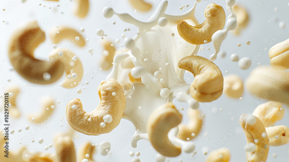 Cashew nut milk. Milk splashes and drops dance with cashew nuts. Nuts are scattered all over the background. Healthy eating. A vegan natural product Cashew nut milk. Milk splashes and drops dance with cashew nuts. Nuts are scattered all over the background. Healthy eating. A vegan natural product