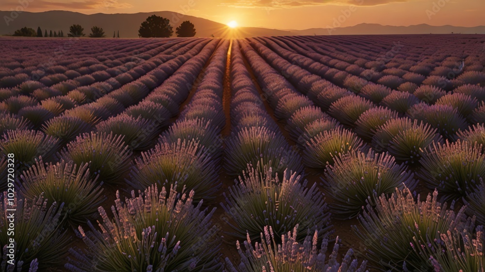 Fototapeta premium a field of purple flowers with the sun shining through the clouds.