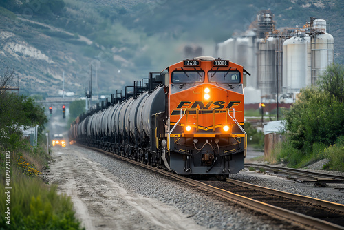 A front view of a freight train transporting liquid cargo in large tanker cars, traveling through an industrial zone photo