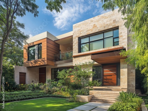 2408 22.A modern residential house in Mexico, featuring two floors, sharp architectural angles, and large windows that allow natural light to flood the interior. The facade is a blend of light stone photo