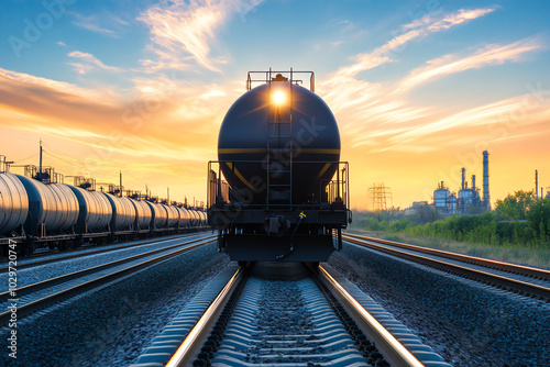 A front view of a freight train transporting liquid cargo in large tanker cars, traveling through an industrial zone photo