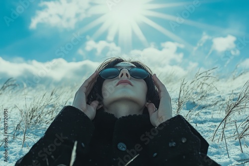 A young woman basks in the warm rays of the sun,  wearing sunglasses,  laying in snow,  surrounded by wintery grass,  with a serene expression on her face,  a symbol of finding peace in nature's embra photo