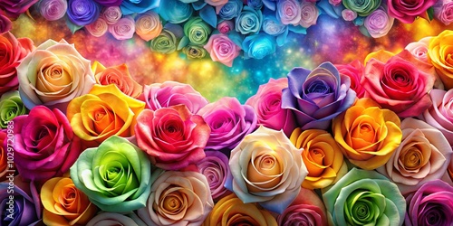 A Symphony of Color A Close-Up Arrangement of Multicolored Roses with a Faded, Glittery Background