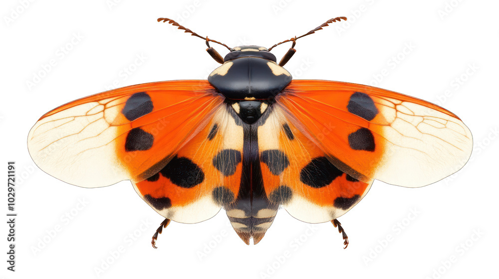 Fototapeta premium view of a ladybug with bright red wings and black spots