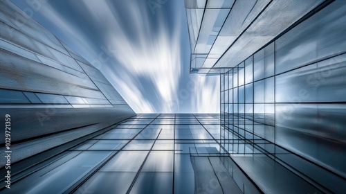 Low angle view of a modern glass building with a blue sky and white clouds in the background.