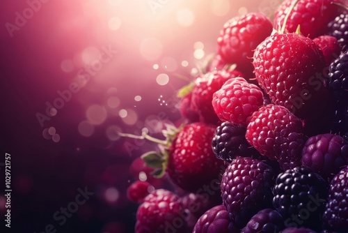 Close-up image of fresh raspberries and blackberries against a vibrant purple background, creating a dynamic and visually appealing backdrop for various projects.