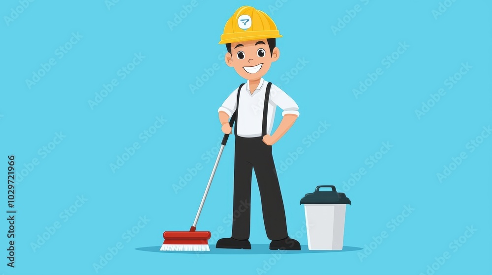 Happy Janitor with Mop and Smiley Face Happy Janitor with Mop and Smiley Face
