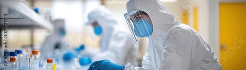 Scientists in full protective gear working in a biosecure lab, vaccine development in progress biosecurity, vaccine testing photo