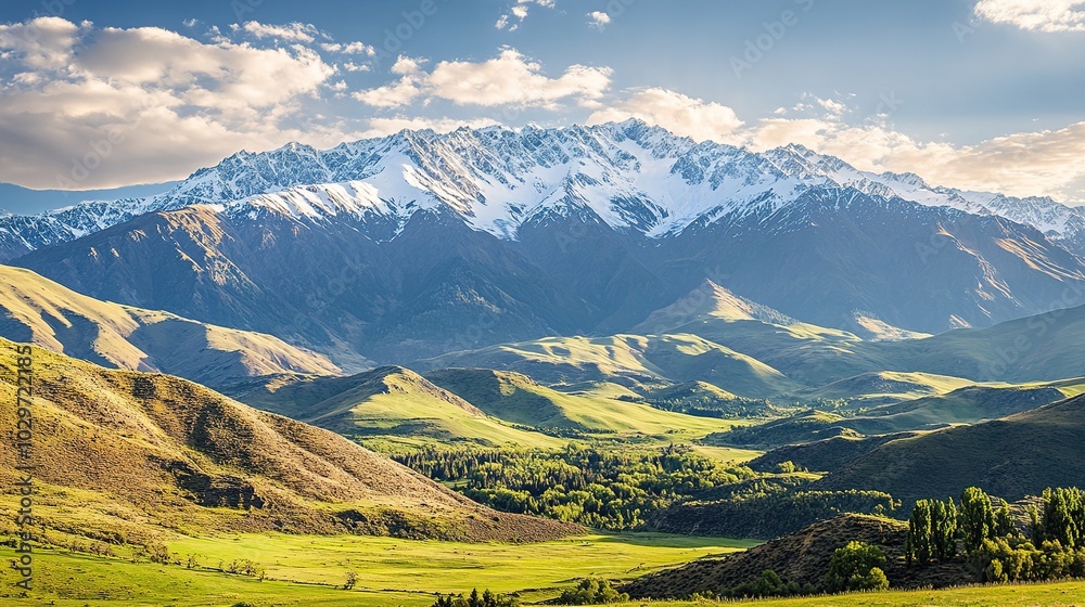 Majestic Mountain Range over Lush Green Valley Majestic Mountain Range over Lush Green Valley
