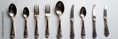 Elegant Antique Silverware Collection for Dining: A beautiful set of antique silverware, perfect for a formal dinner party. The silverware features intricate details and a classic design. This set is  photo