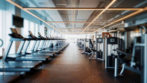 Modern gym interior, row of treadmills, bright lighting, spacious area, sleek design, ready for fitness regimen.