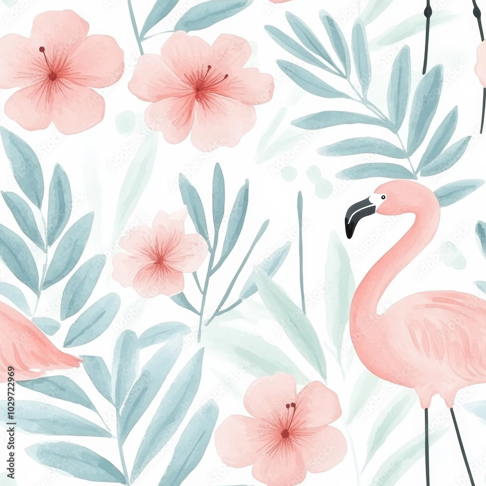 Naklejka premium A seamless pattern featuring flamingos, tropical flowers, and green leaves. Ideal for summer-themed designs, textiles, and wallpapers.