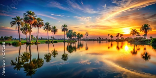 of a serene oasis sunset landscape with palm trees and a tranquil lake , oasis, sunset, landscape, background,palm trees, tranquil