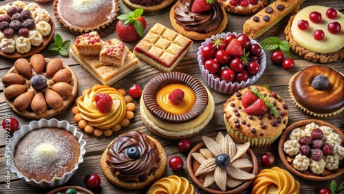 Assorted delicious desserts including cakes, pies, cookies, and tarts , dessert, sweet, treats, bakery, confectionery