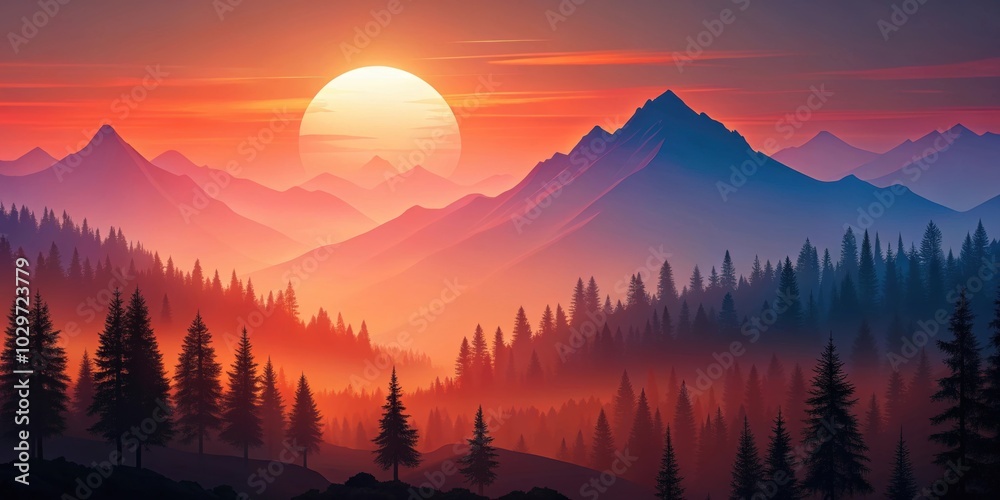 Obraz premium Colorful of mountains, trees, and a red sun in the background, mountains, trees, red sun, colorful,nature, landscape