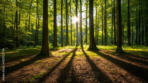 Sunbeams filtering through the leaves of a dense forest canopy create a dappled light pattern on the woodland floor, highlighting the peaceful and tranquil nature of the woods. This image evokes feeli photo