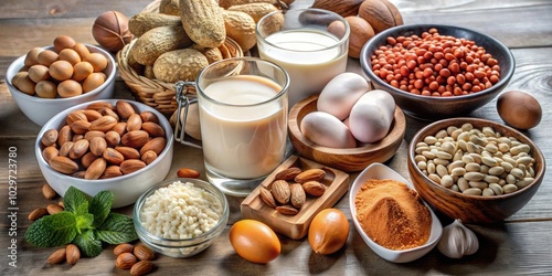 Composition of common food allergens including peanuts, tree nuts, dairy, eggs, soy, wheat, and shellfish , food, allergens, peanuts photo