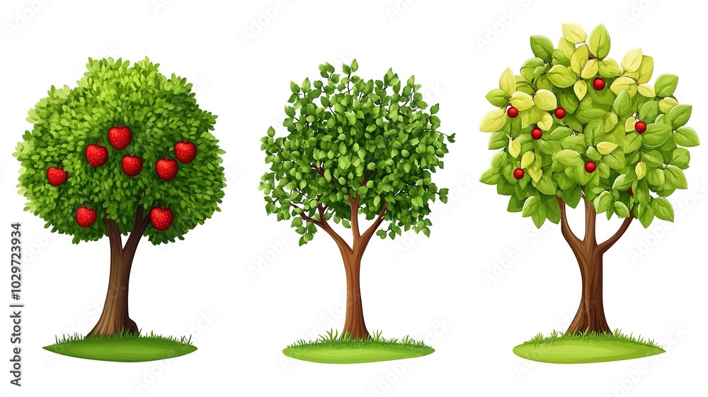 Fototapeta premium A young green apple tree illustration, depicted as a vector art design on a clean white background. The tree features fresh green leaves, a slender trunk, and small, budding apples, 
