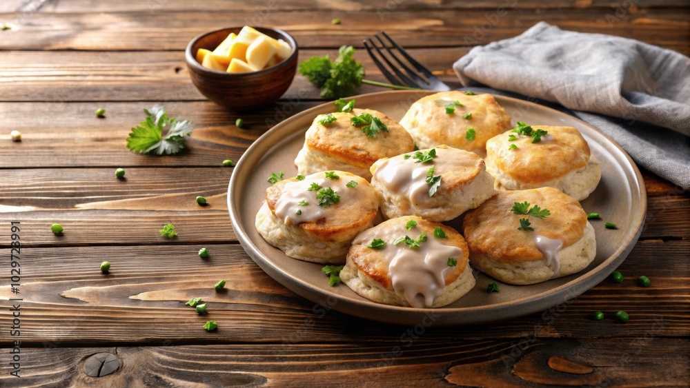 Plate of biscuits in savory gravy on wooden table, comfort food, southern cuisine, breakfast, brunch Plate of biscuits in savory gravy on wooden table, comfort food, southern cuisine, breakfast, brunch