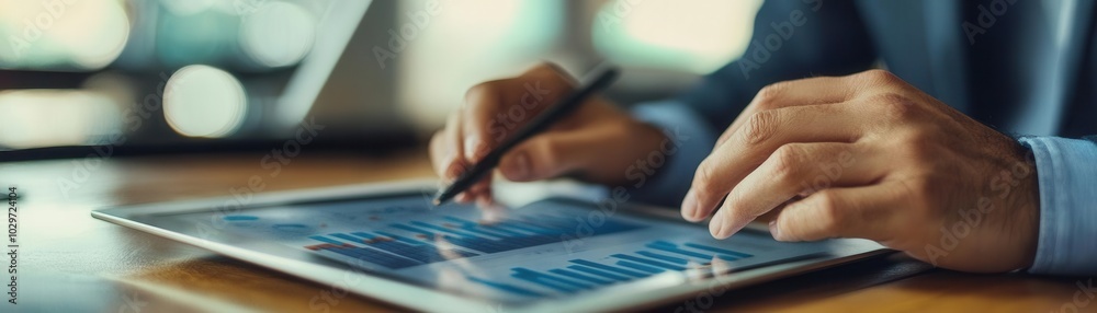 Fototapeta premium Close-up of hands analyzing supply chain data on a digital tablet in a modern office setting data analysis, procurement management