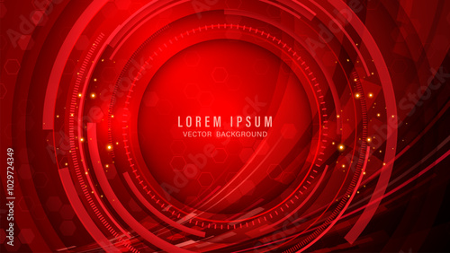 Dynamic abstract red background with concentric circles, hexagonal shapes, geometric elements, and glowing particles