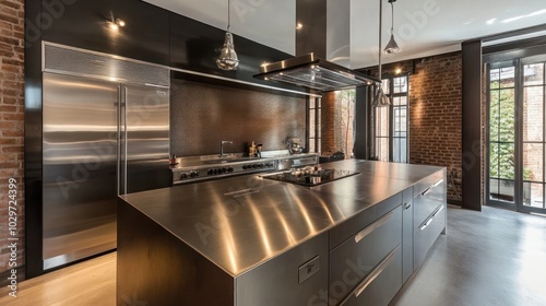 Industrial kitchen with metal accents, modern lighting, and minimalist design