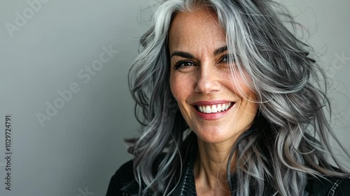A woman with long, gray hair smiles at the camera