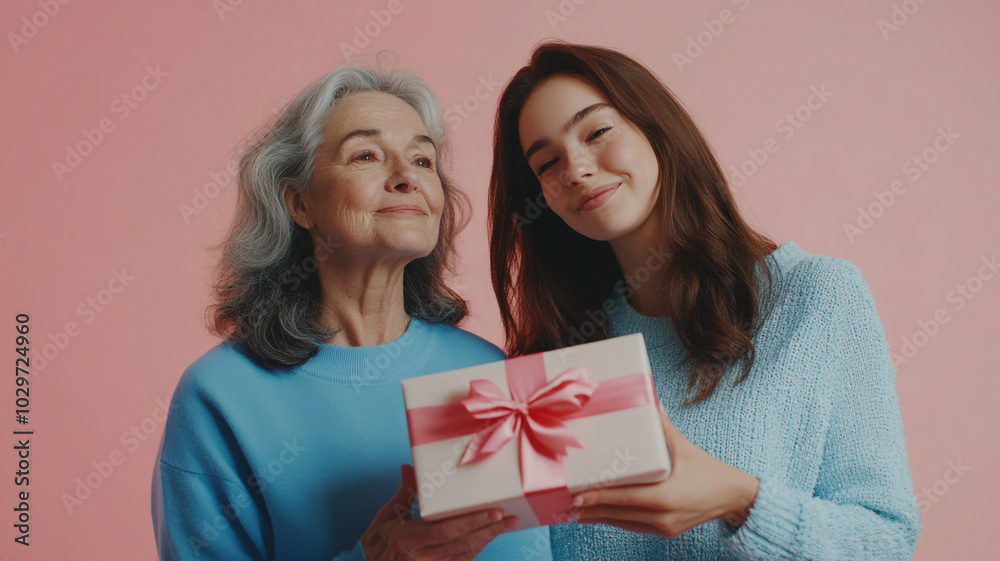 A young woman and an older woman celebrate together while holding a gift in a pink-themed backdrop A young woman and an older woman celebrate together while holding a gift in a pink-themed backdrop