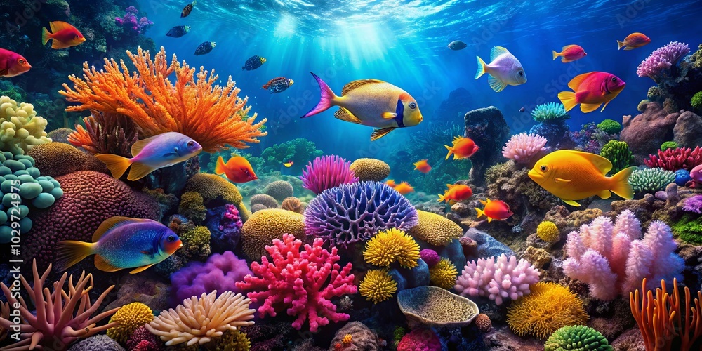 A vibrant underwater landscape with a plethora of colorful fish swimming amidst a tapestry of coral reefs, showcasing nature's intricate beauty and the delicate balance of marine ecosystems. A vibrant underwater landscape with a plethora of colorful fish swimming amidst a tapestry of coral reefs, showcasing nature's intricate beauty and the delicate balance of marine ecosystems.