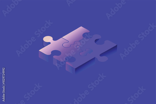 Two puzzle pieces are interlocking.  The pieces are 3D and have a gradient color scheme of purple, pink, and blue.  The background is a solid purple.