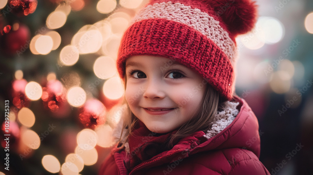 A joyful child wearing a red knitted hat smiles brightly in front of colorful holiday lights A joyful child wearing a red knitted hat smiles brightly in front of colorful holiday lights