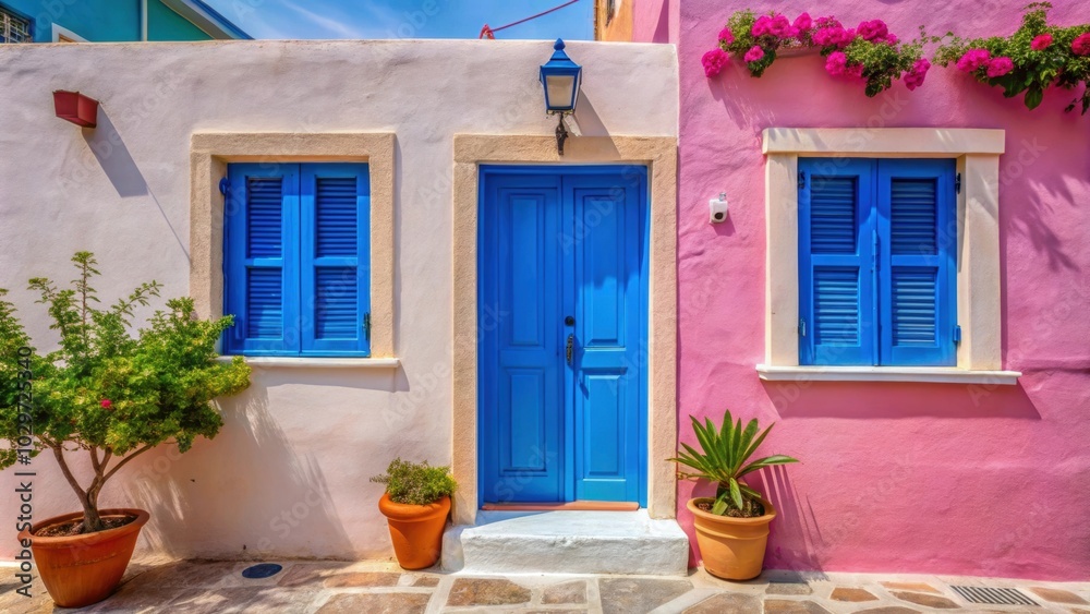 Fototapeta premium Traditional Greek house with colorful blue door and pink walls in Asos village, Greece , Greece, architecture, traditional