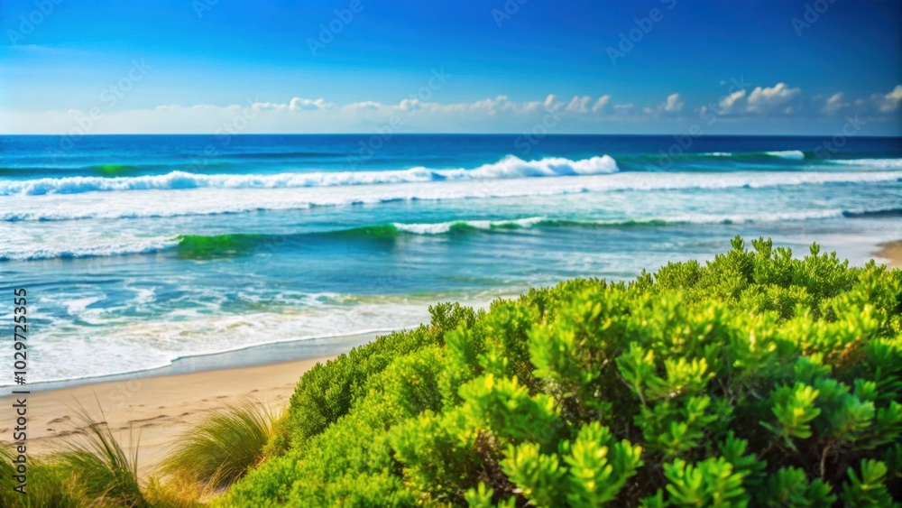 Natural beach landscape with green bush in foreground, ocean waves in background and clear blue sky above, beach, bush, ocean Natural beach landscape with green bush in foreground, ocean waves in background and clear blue sky above, beach, bush, ocean