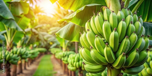 Close-up shot of green tropical banana fruits growing on a banana plantation, Banana, Plantation, Tropical, Green, Fresh, Agriculture