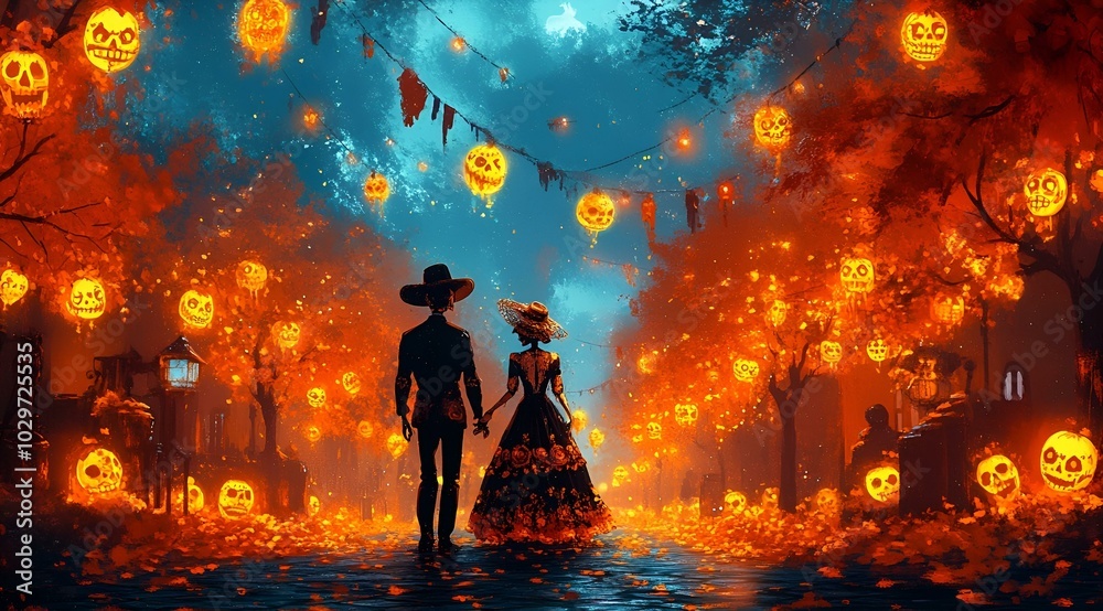 a person and person walking in a forest with lanterns
a person and person walking in a forest with lanterns